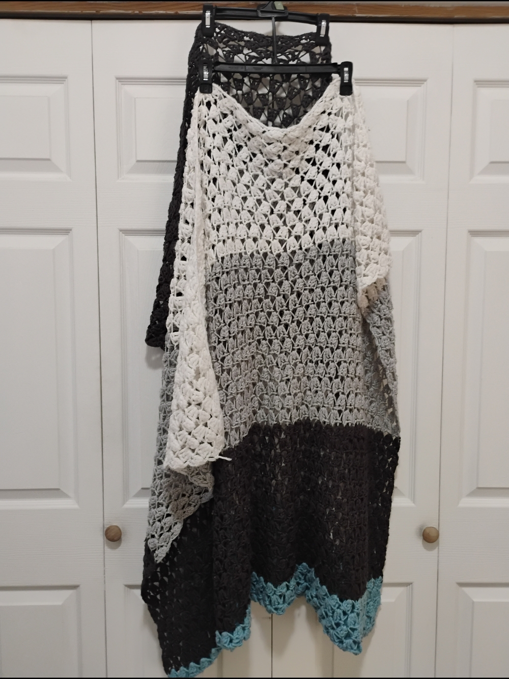 Cozy Colorblock Crochet Shawl — Ivory, Gray, Black & Teal Trim